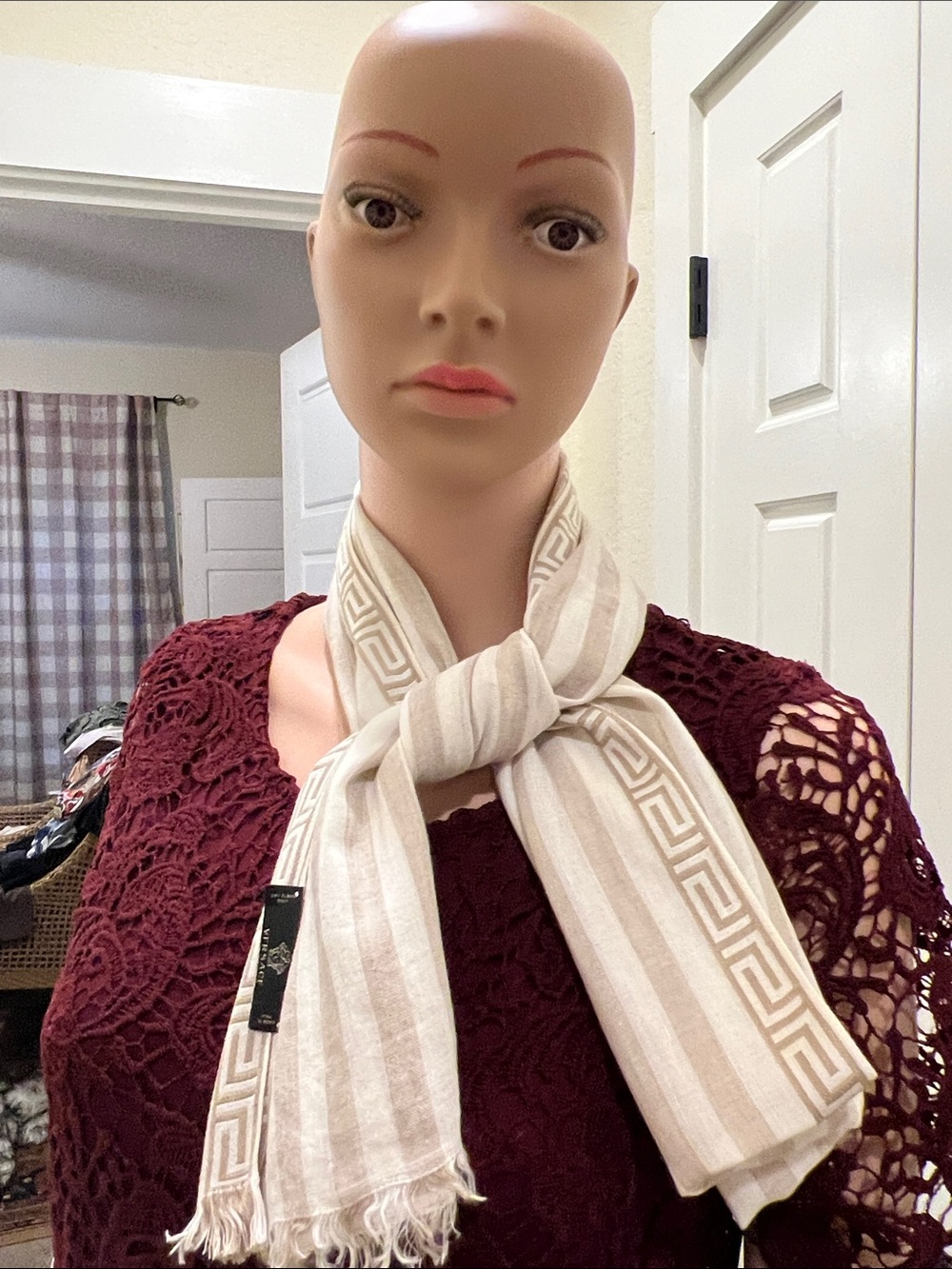 Versace Beige and White Striped Scarf